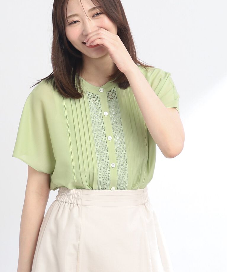 Reflect「【SALE／WEB限定カラーあり／接触冷感／洗える】フロントレースデザインブラウス」|シャツ・ブラウス|ｸﾞﾘｰﾝ(025)