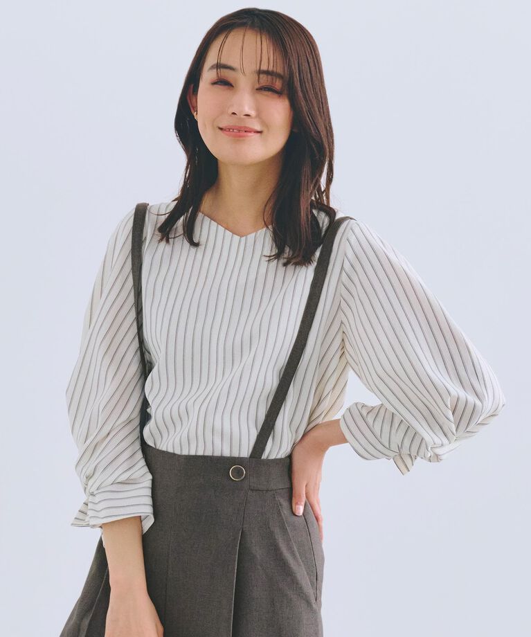 grove「【毎日着たい】麻調メッシュ袖コンシャスブラウス」|シャツ・ブラウス|オフストライプ(30