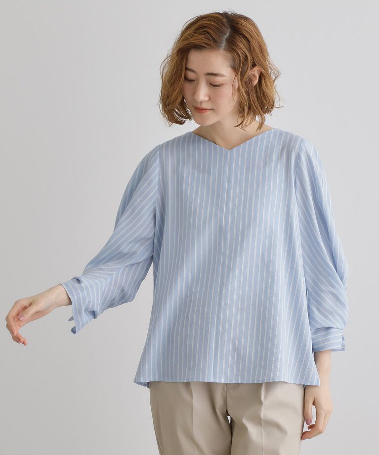 grove「【毎日着たい】麻調メッシュ袖コンシャスブラウス」|シャツ・ブラウス|ブルーストライプ(3