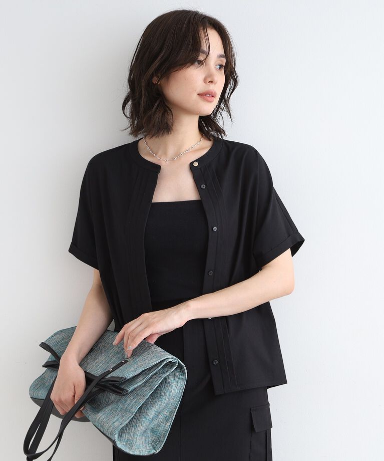 INDIVI「【UVケア／接触冷感／SETUP可能】麻混ストレッチ タックブラウス」|シャツ・ブラウス|ブラック(019)