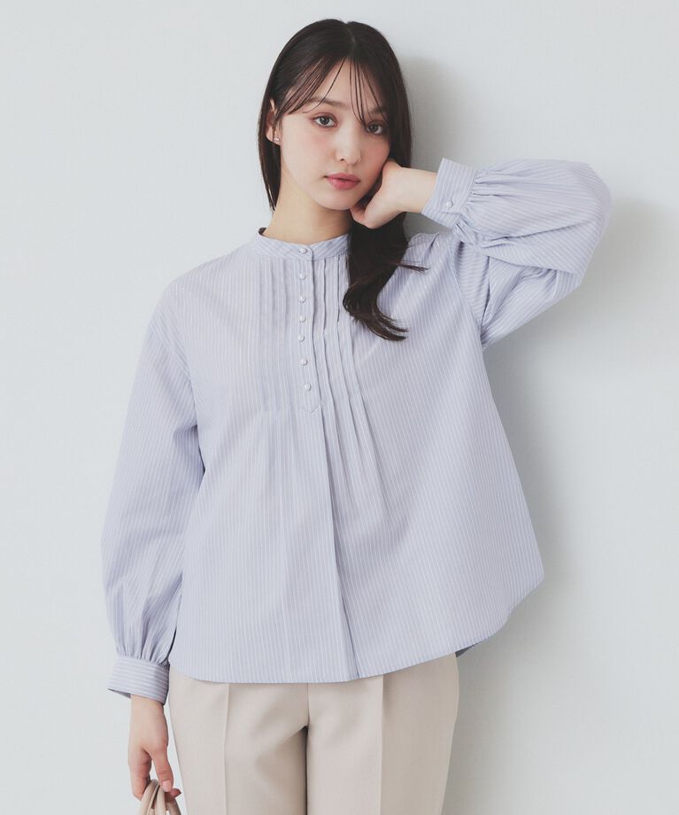 index「《6color》ラメラインバンドカラーシャツ【洗濯機洗い可/イージーアイロン/防シワ】」|シャツ・ブラウス|サックスブルー(39