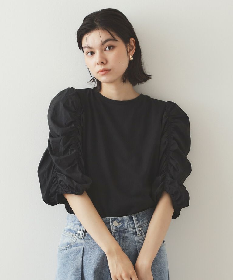 OPAQUE.CLIP「シアーシャーリングスリーブ ドッキングカットソー【洗濯機洗い可】」|Tシャツ・カットソー|ブラック(019)