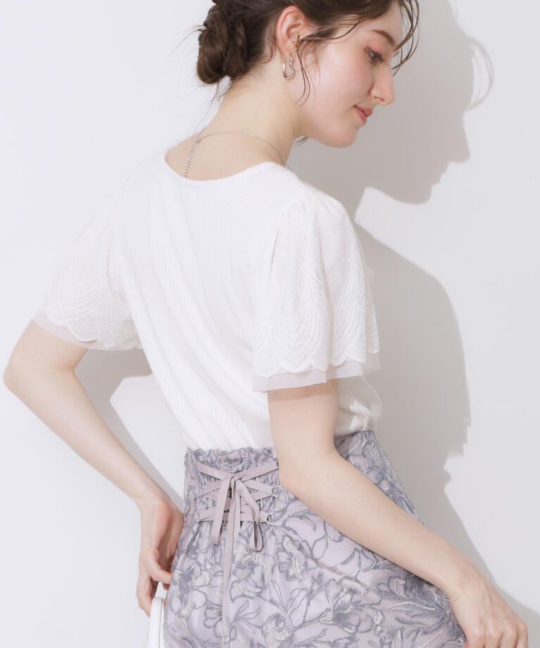 Couture broach「【二の腕カバー・通勤】レース袖テレコトップス」|Tシャツ・カットソー|