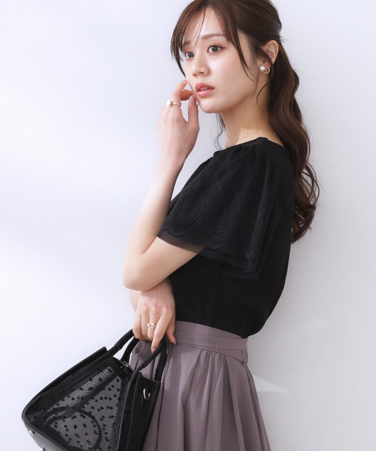 Couture broach「【二の腕カバー・通勤】レース袖テレコトップス」|Tシャツ・カットソー|