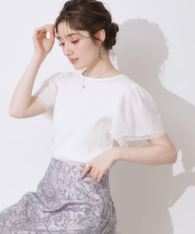 Couture broach「【二の腕カバー・通勤】レース袖テレコトップス」|Tシャツ・カットソー|