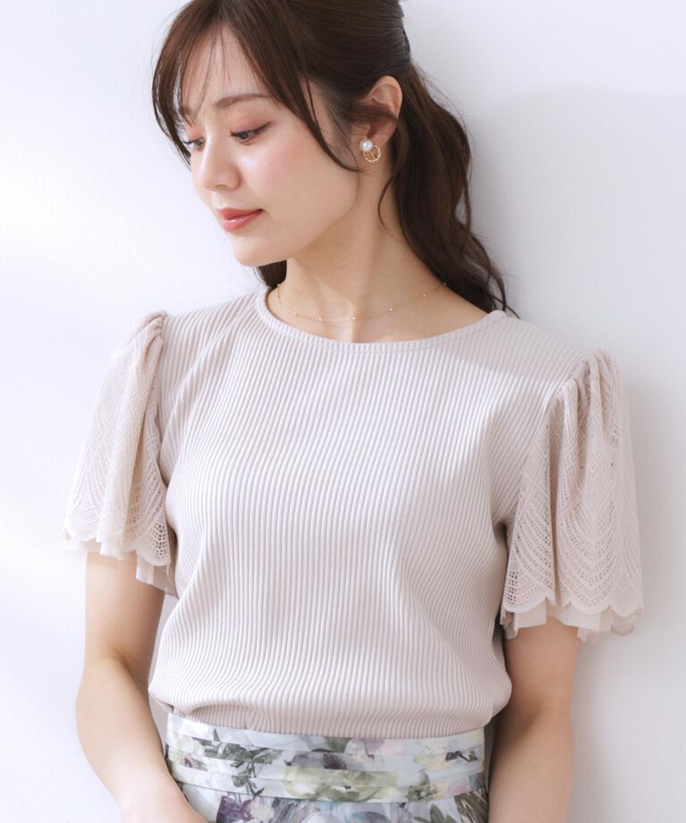 Couture broach「【二の腕カバー・通勤】レース袖テレコトップス」|Tシャツ・カットソー|ライトグレー(011