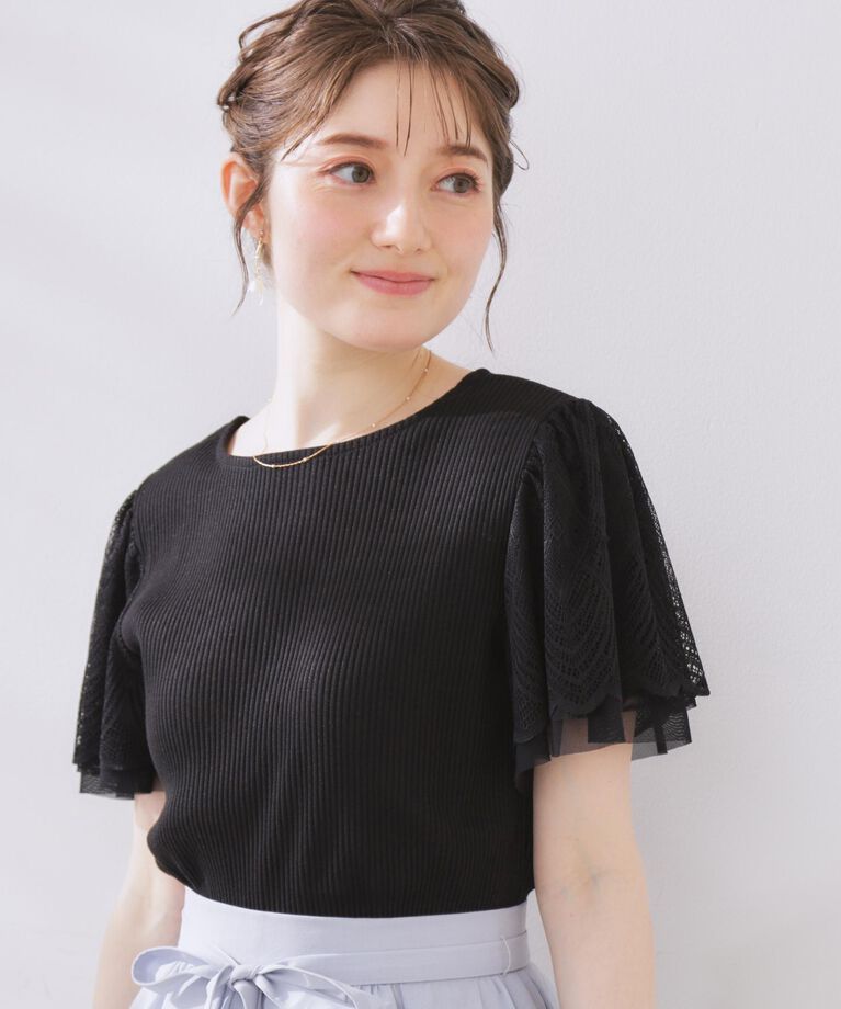 Couture broach「【二の腕カバー・通勤】レース袖テレコトップス」|Tシャツ・カットソー|ブラック(019)