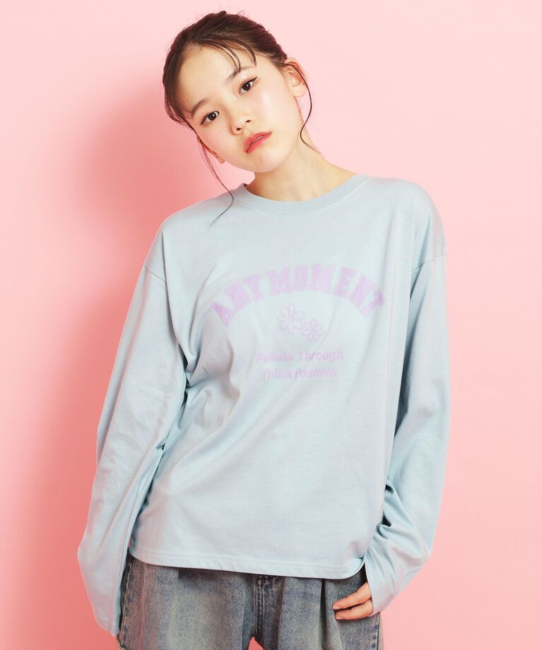 PINK-latte「カレッジフラワーロンT」|Tシャツ・カットソー|ブルー(091)