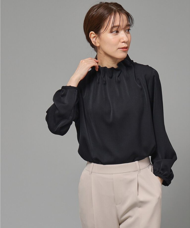 SHOO･LA･RUE「【S-3L/通勤/デイリー/セレモニーにも】フリルスタンドカラーブラウス【CIRCRIC】」|シャツ・ブラウス|ﾌﾞﾗｯｸ(419)