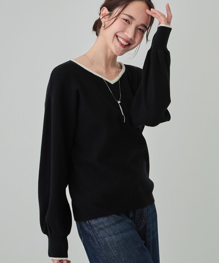 SHOO･LA･RUE「【洗える/高レビュー】きれいめスタイルに 女性らしく好印象 Vネックニット」|ニット・セーター|ブラック(519)