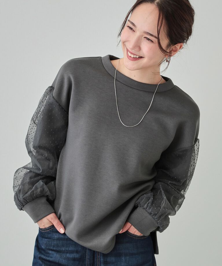 SHOO･LA･RUE「【S-LL】お袖ドットチュール切り替えトップス」|Tシャツ・カットソー|チャコールグレー(0