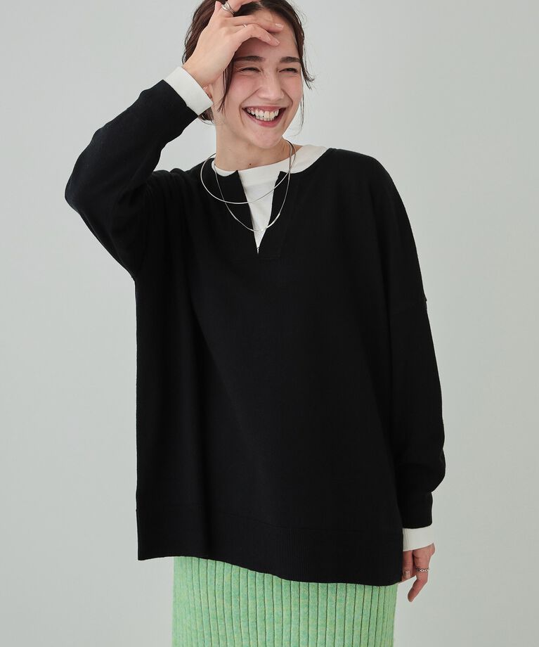 SHOO･LA･RUE「【洗える】レイヤードコーデも楽しめる もちもちVネックニット」|ニット・セーター|ブラック(019)