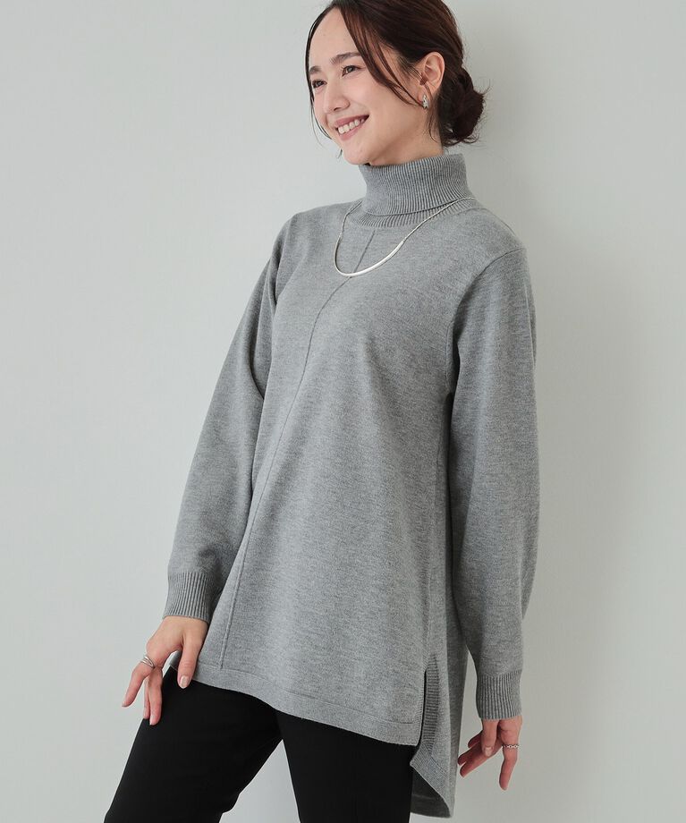 SHOO･LA･RUE「【洗える/S-LL/体型カバー】もちもちっとしたタッチが心地よい タートルチュニックニット」|チュニック|グレー(012)