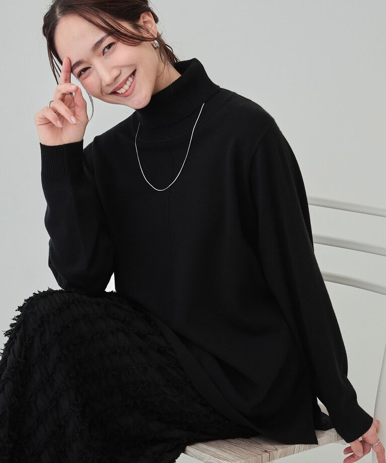 SHOO･LA･RUE「【洗える/S-LL/体型カバー】もちもちっとしたタッチが心地よい タートルチュニックニット」|チュニック|ブラック(019)