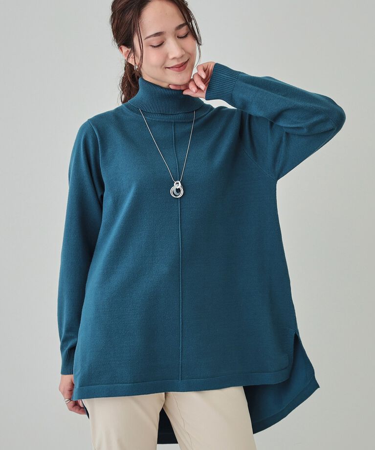 SHOO･LA･RUE「【洗える/S-LL/体型カバー】もちもちっとしたタッチが心地よい タートルチュニックニット」|チュニック|ブルーグリーン(09