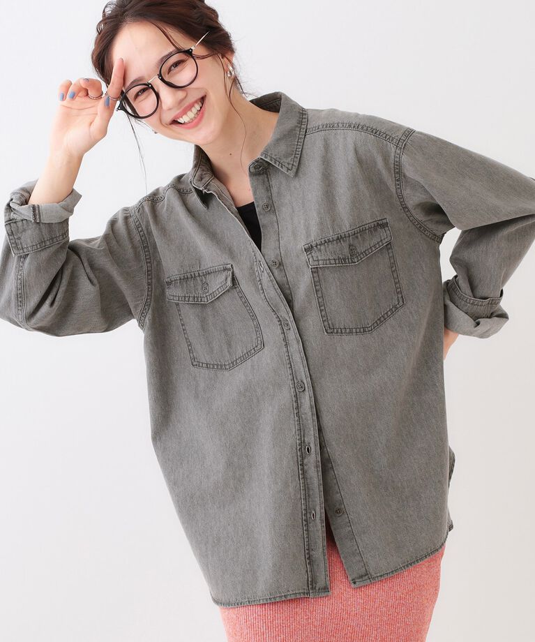 SHOO･LA･RUE「【洗える/S-LL】大人のこなれコーデに やわらかデニムシャツ」|シャツ・ブラウス|チャコールグレー(0