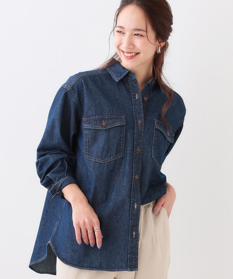 SHOO･LA･RUE「【洗える/S-LL】大人のこなれコーデに やわらかデニムシャツ」|シャツ・ブラウス|ネイビー(094)