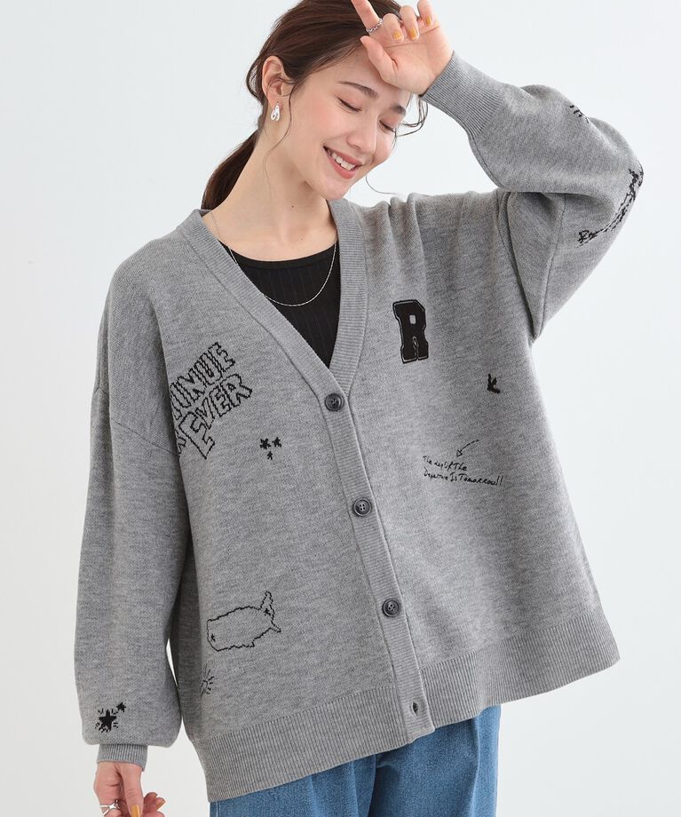 SHOO･LA･RUE「【S-LL/体型カバー】刺繍アソート Vネック ゆるニットカーディガン」|カーディガン|グレー(112)