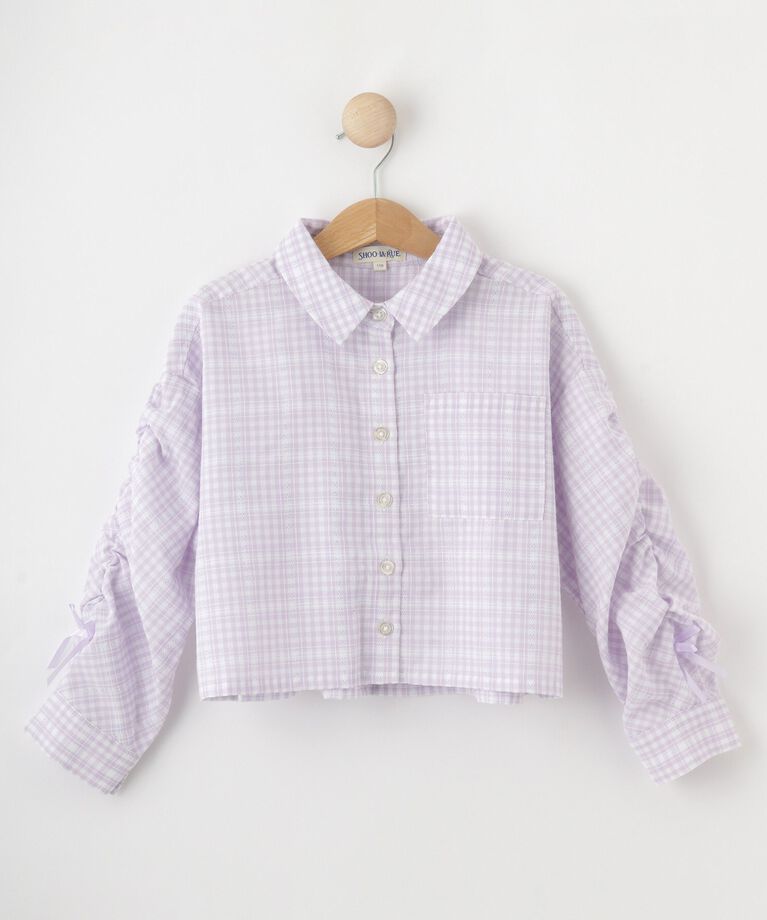 SHOO･LA･RUE「【洗える/100-150cm】お袖リボンがアクセント クロップド丈 チェックシャツ」|シャツ・ブラウス|