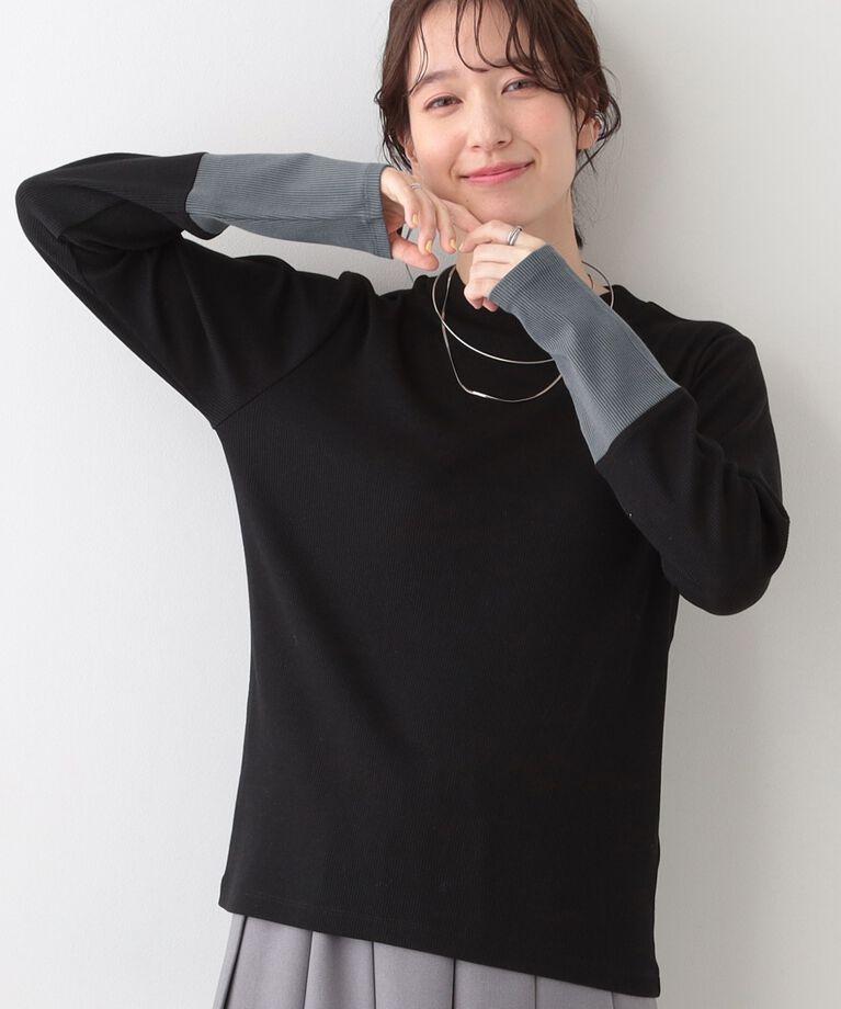 SHOO･LA･RUE「【S-LL】テレコ袖配色切り替えトップス」|Tシャツ・カットソー|ブラック(519)