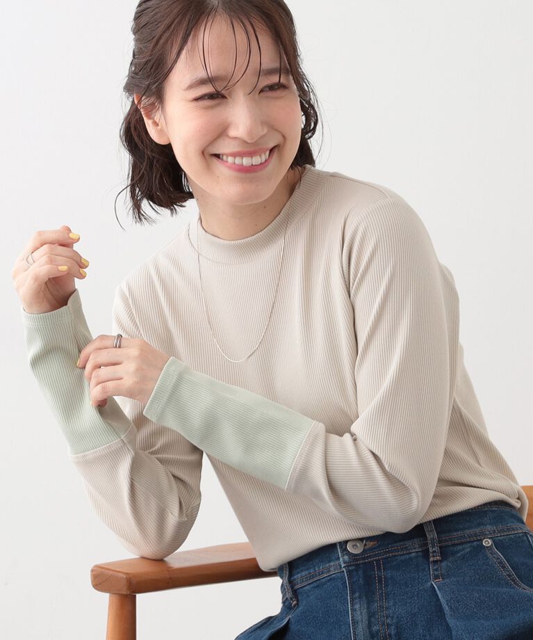SHOO･LA･RUE「【S-LL】テレコ袖配色切り替えトップス」|Tシャツ・カットソー|ライトベージュ(55