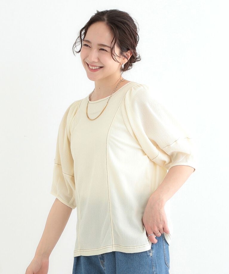 SHOO･LA･RUE「【洗える/S-LL/UV】 配色ステッチがアクセント 大人のデザイントップス」|Tシャツ・カットソー|