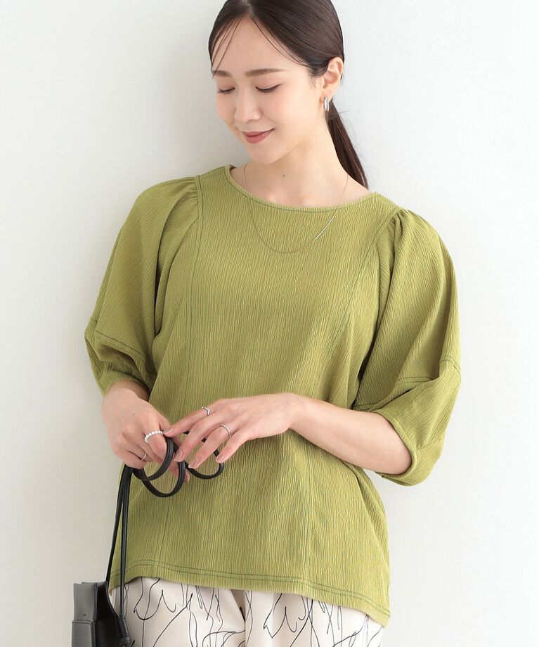 SHOO･LA･RUE「【洗える/S-LL/UV】 配色ステッチがアクセント 大人のデザイントップス」|Tシャツ・カットソー|グリーン(025)