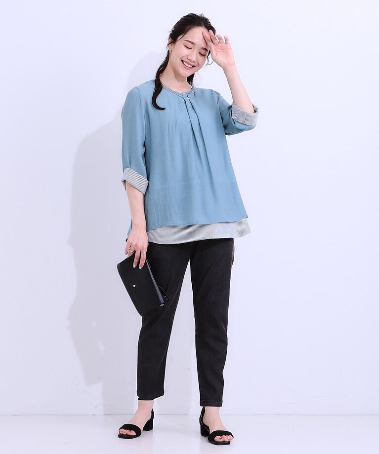 SHOO･LA･RUE「【洗える/S-LL】一枚でサマ見え お袖折り返し 裾レイヤードトップス」|Tシャツ・カットソー|