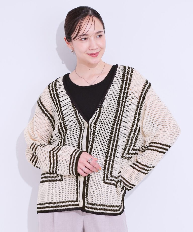 SHOO･LA･RUE「レースのような編み柄が上品 Vネックカーディガン」|カーディガン|