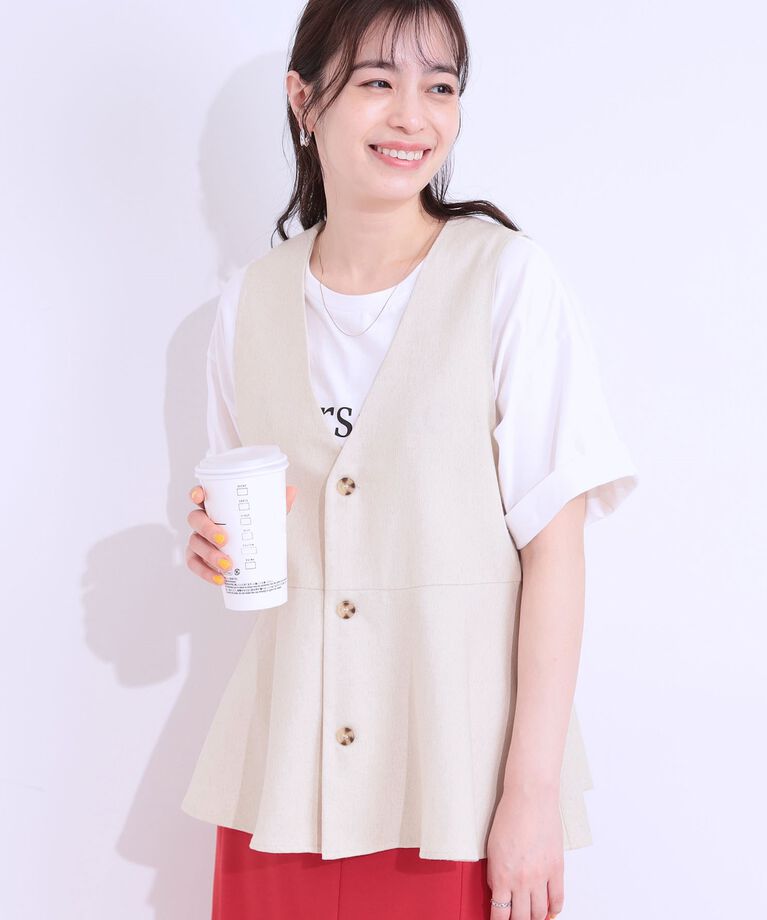 SHOO･LA･RUE「【S-LL】いつものコーデにプラスワン 麻混ペプラムベスト」|ベスト・ジレ|オフホワイト(003