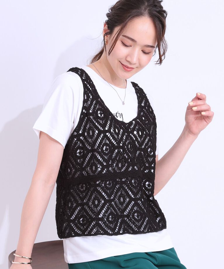 SHOO･LA･RUE「【S-LL/2点セット】大人カジュアルに レースビスチェ+プリントTシャツ」|その他|ブラック(019)