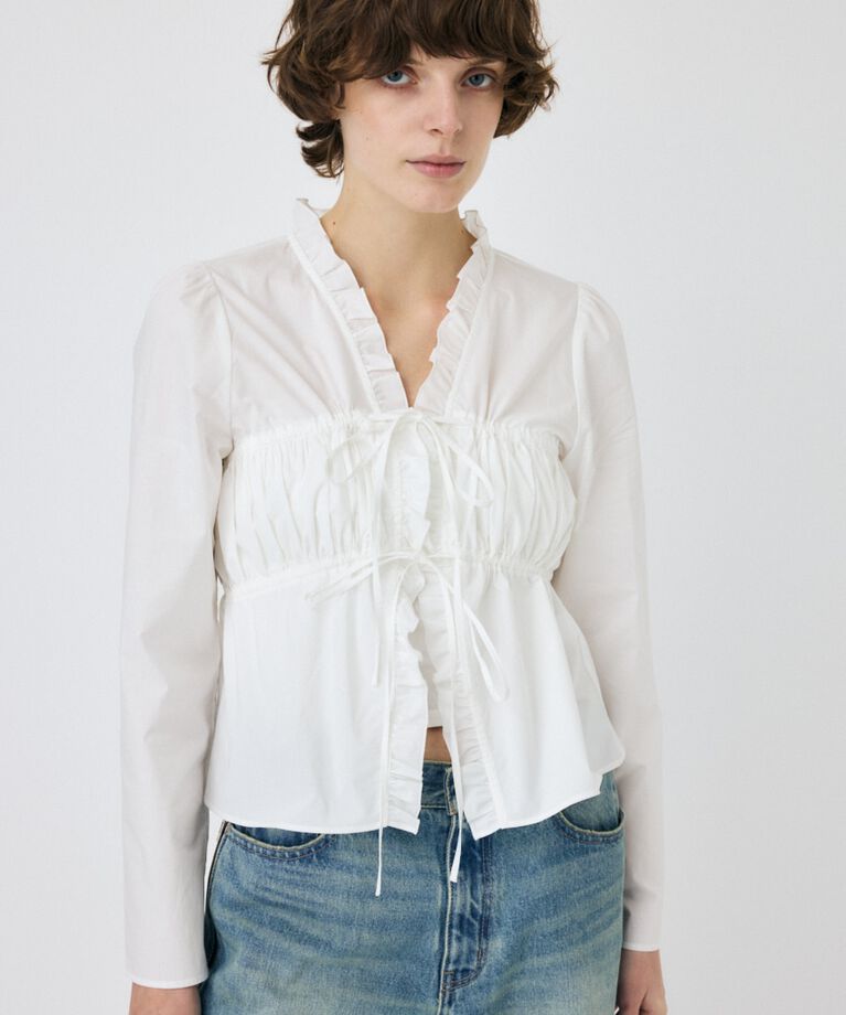 MOUSSY「FRONT RIBBON GATHER ブラウス」|シャツ・ブラウス|WHT