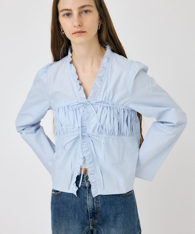 MOUSSY「FRONT RIBBON GATHER ブラウス」|シャツ・ブラウス|L/BLU1
