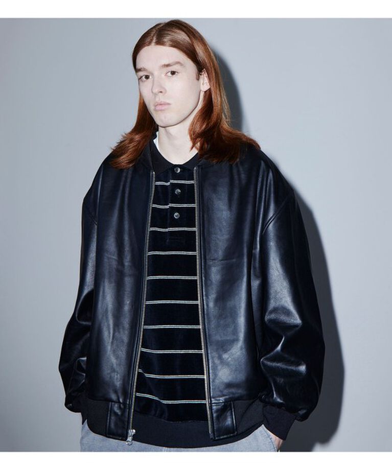 BEAMS「レザー ボマージャケット」|ブルゾン・スタジャン|BLACK