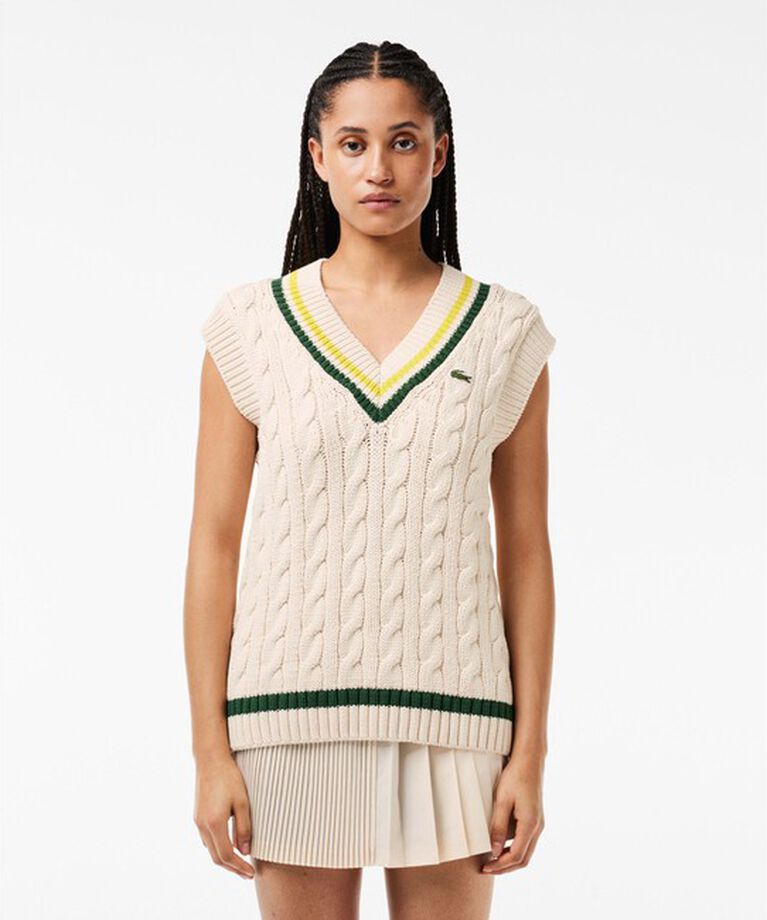 LACOSTE「Vネックケーブルニットベスト」|ベスト・ジレ|オフホワイト