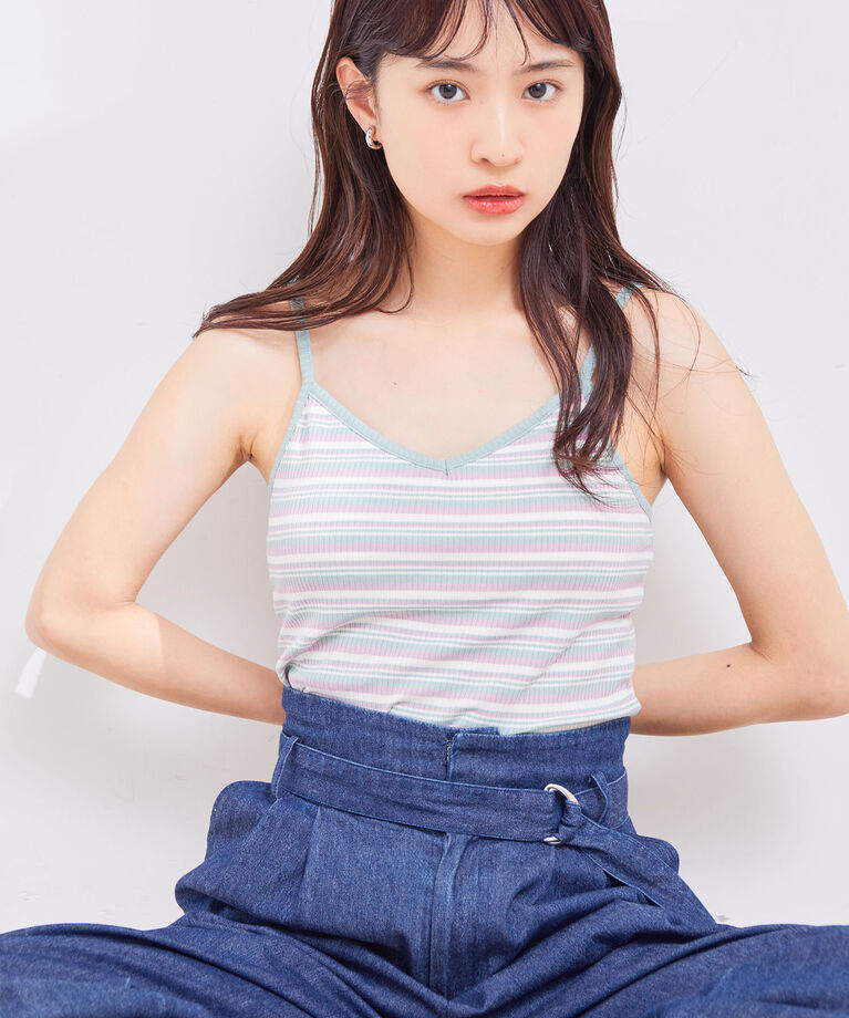 vis-a-vis「【WEB限定】ボーダー/無地カップ付テレコリブキャミソール」|キャミソール|グリーン系(35)