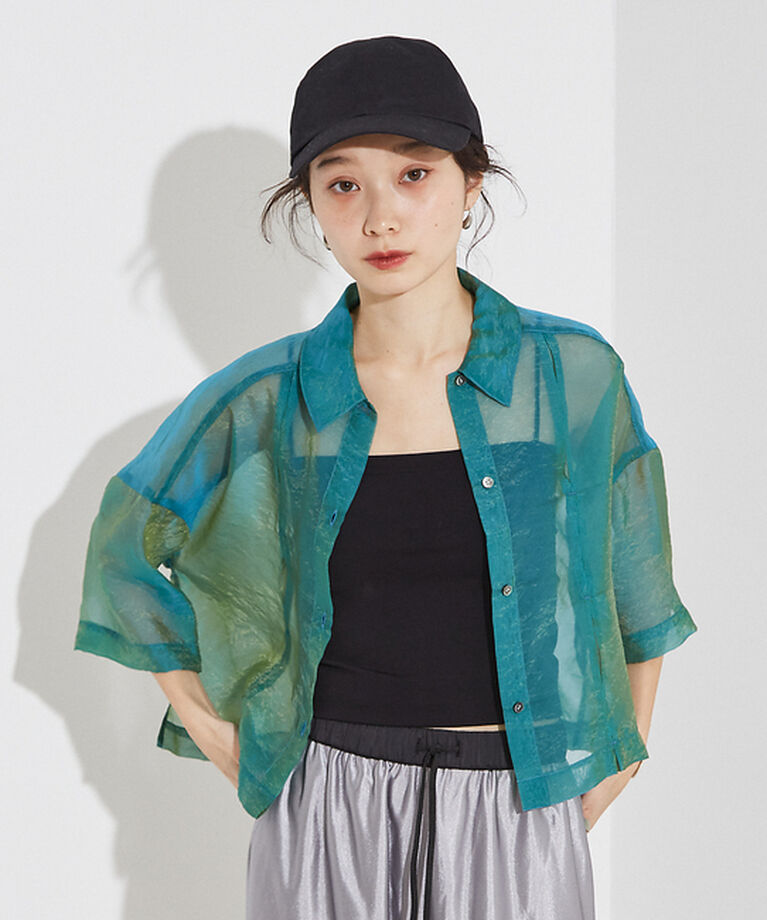NOMINE「ハーフスリーブ シアー シャツ」|シャツ・ブラウス|エメラルドグリーン