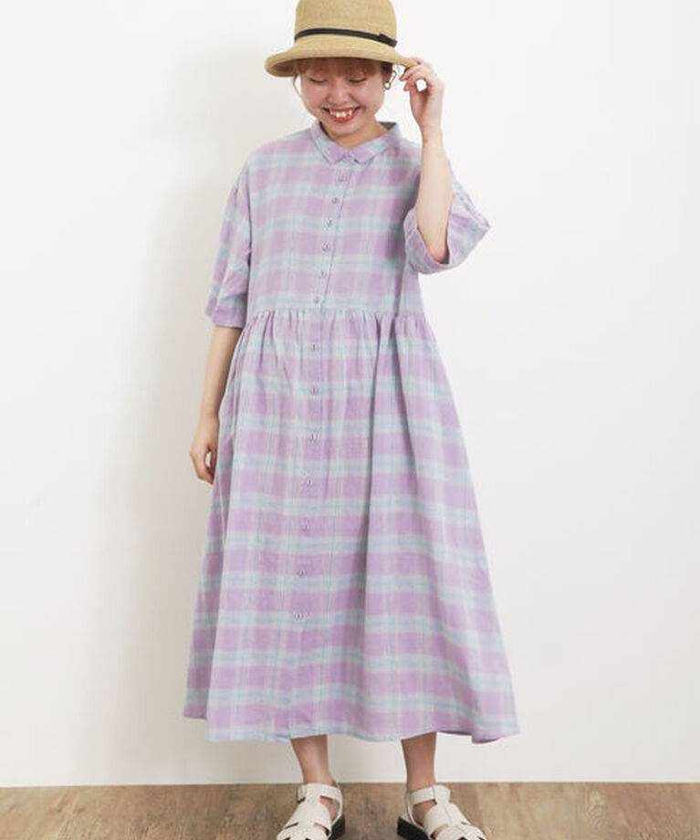 Samansa Mos2「【Sサイズ / WEB限定】【イージーケア】柄アソートリネン混シャツワンピース」|ワンピース|ラベンダー