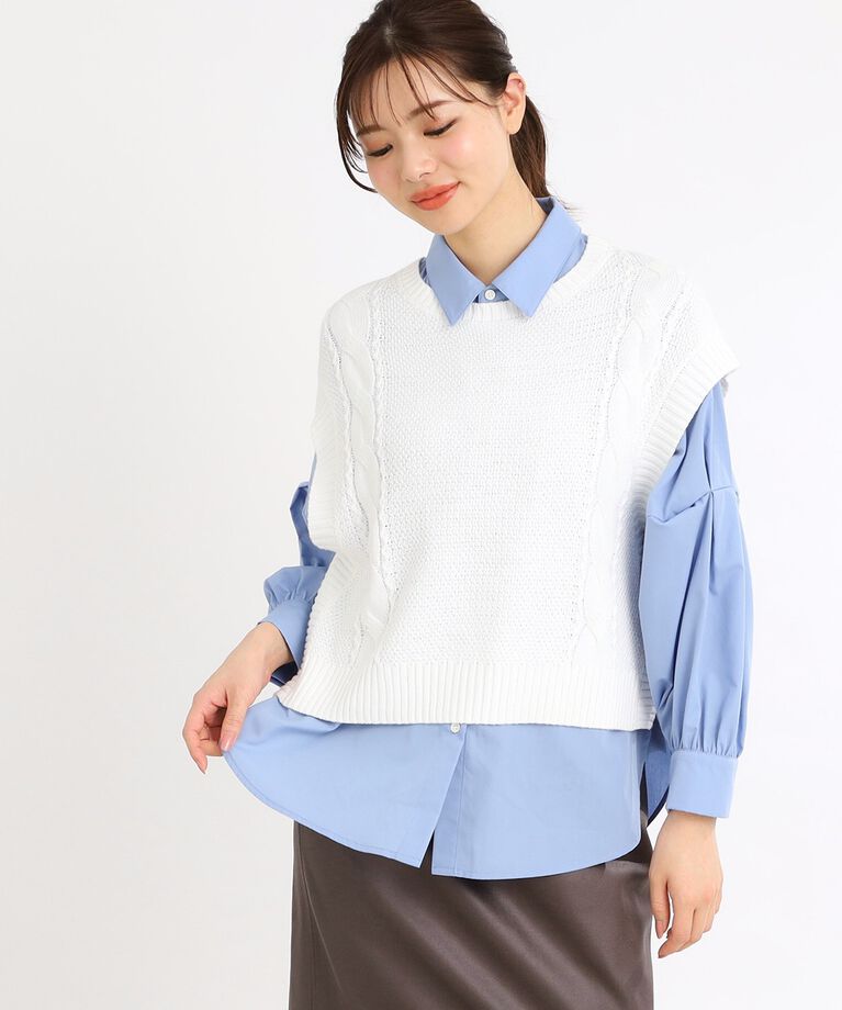 Reflect「【E‐QUALITY／手洗い可】ケーブル編みニットベスト＋シャツセット」|シャツ・ブラウス|オフホワイト(503