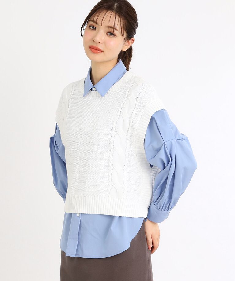 Reflect「【E‐QUALITY／手洗い可】ケーブル編みニットベスト＋シャツセット」|シャツ・ブラウス|
