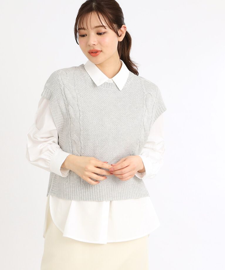 Reflect「【E‐QUALITY／手洗い可】ケーブル編みニットベスト＋シャツセット」|シャツ・ブラウス|ライトグレー(511