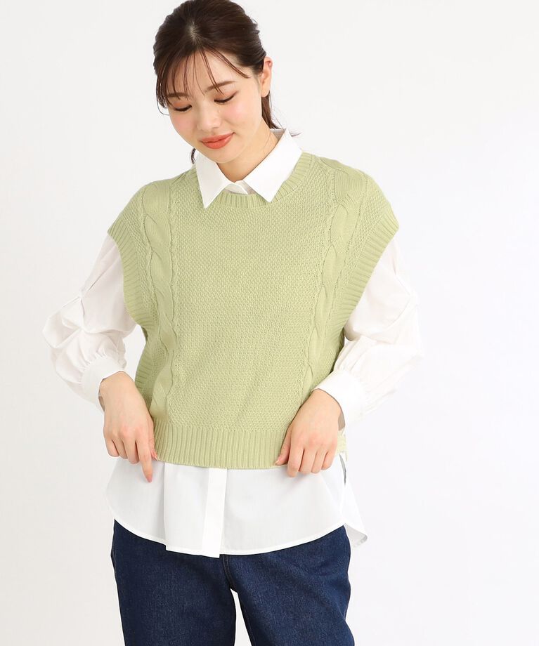 Reflect「【E‐QUALITY／手洗い可】ケーブル編みニットベスト＋シャツセット」|シャツ・ブラウス|ライトグリーン(52