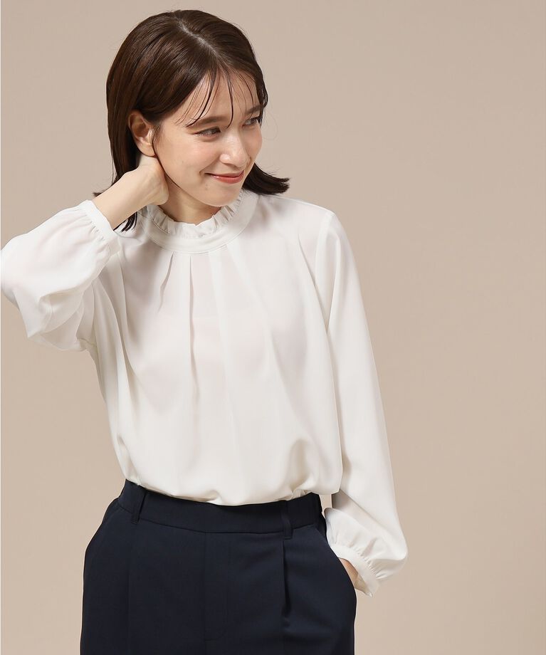 SHOO･LA･RUE「【S-3L/通勤/セレモニーにも】プチハイネック フリルブラウス【CIRCRIC】」|シャツ・ブラウス|ｵﾌﾎﾜｲﾄ(403)