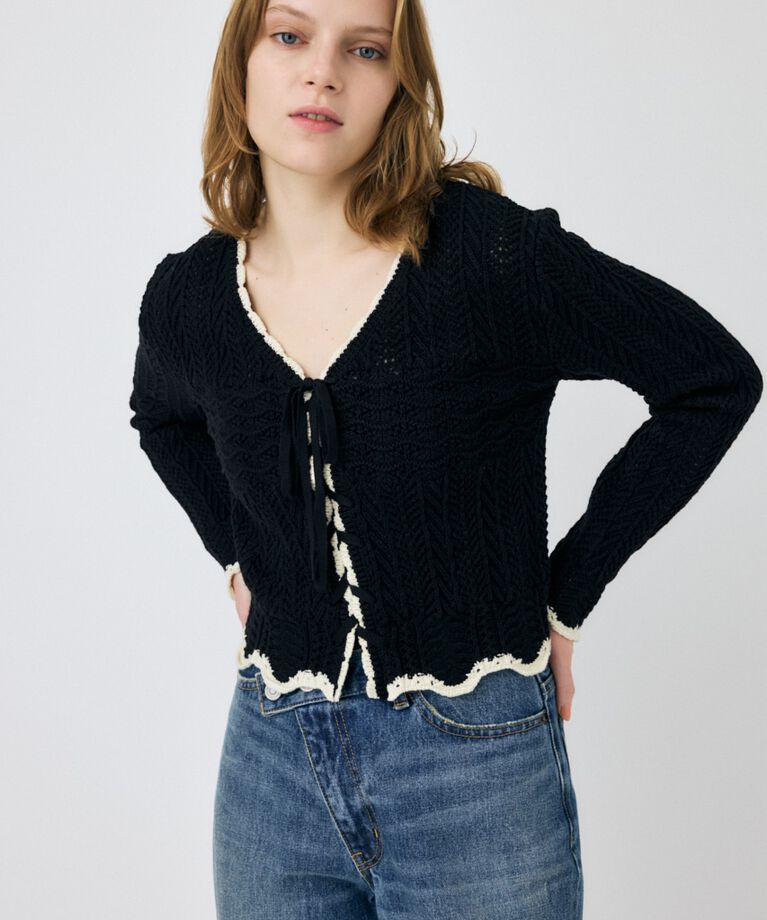 MOUSSY「OPEN STITCH レースアップニット」|ニット・セーター|BLK