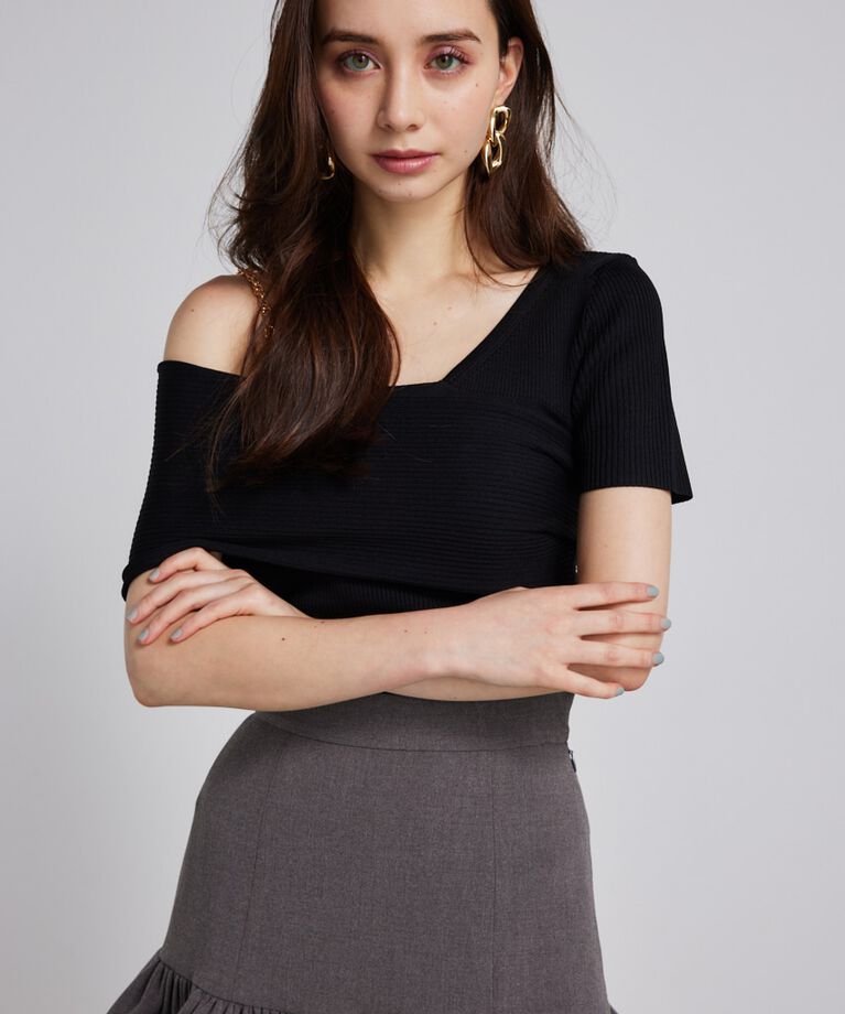 rienda「アシンメトリーショルダーKnit TOP」|ニット・セーター|BLK