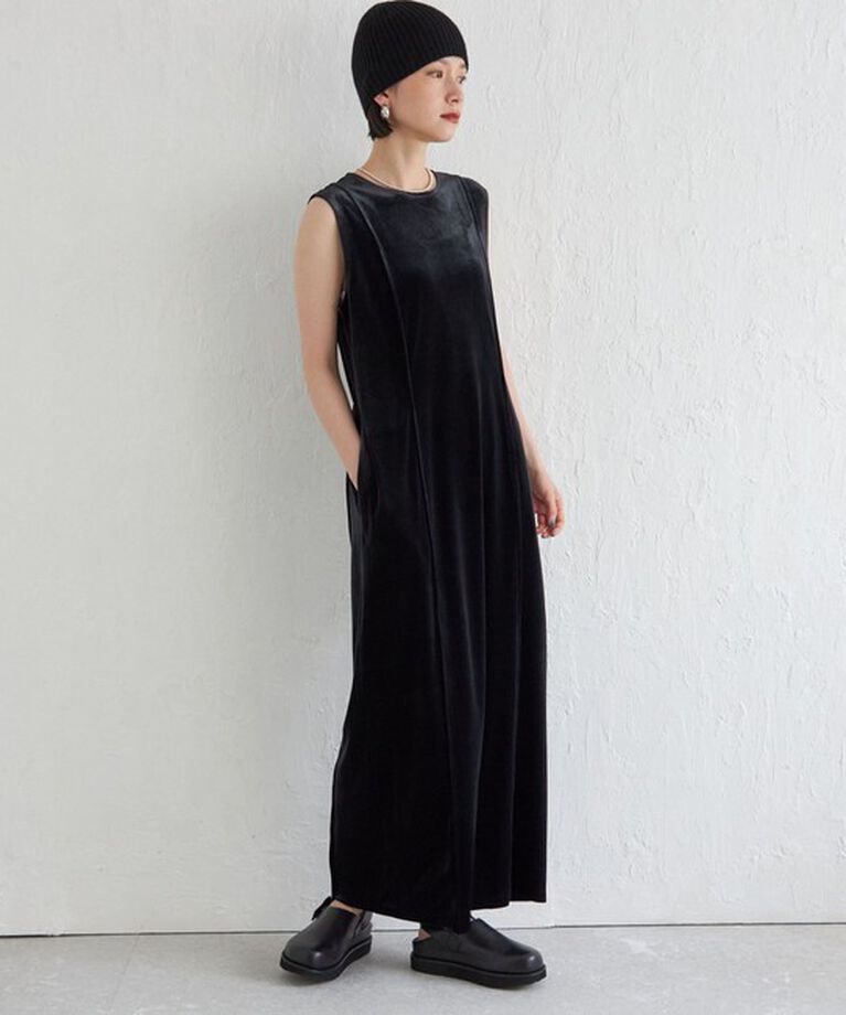 SHIPS for women「Wai＋:〈手洗い可能〉ストレッチ ポリエステル ベロア ワンピース」|ワンピース|ブラック