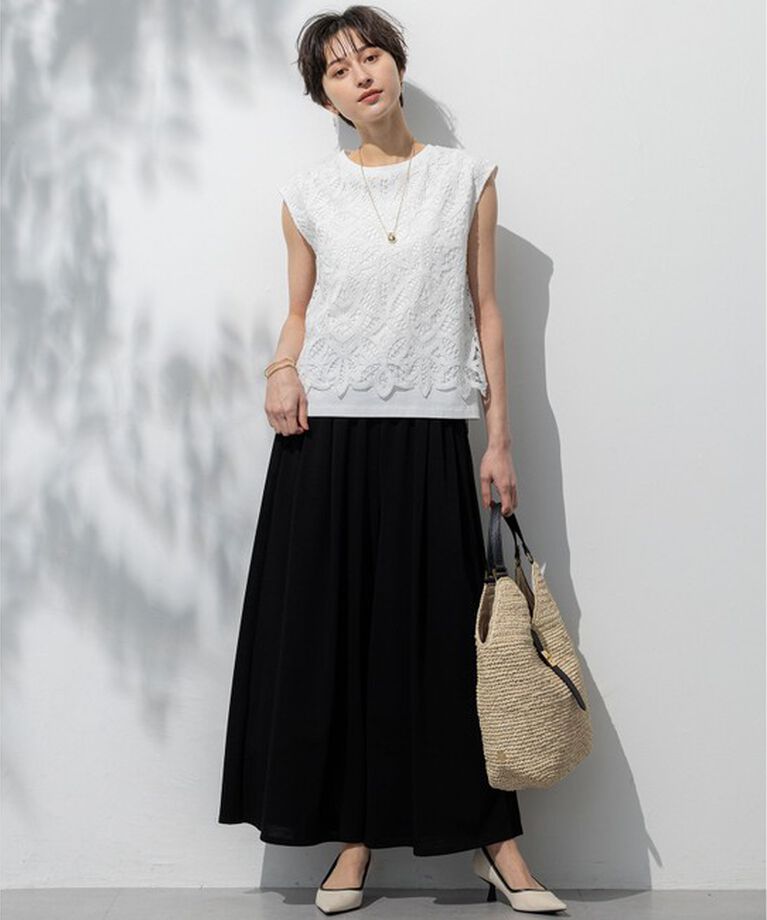 23区「【洗える/汗じみ防止加工】エンブロイダリージャージー フレンチスリーブ カットソー」|Tシャツ・カットソー|