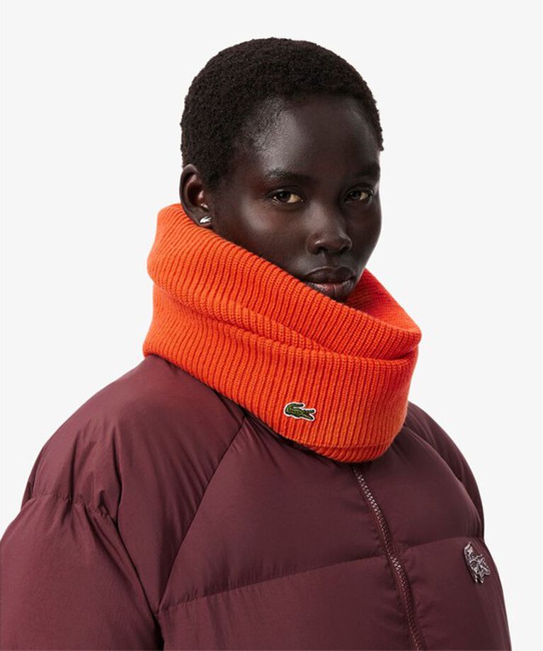 LACOSTE「スムースタッチ カシミヤニットネックゲイター / ネックウォーマー スヌード」|マフラー|オレンジ