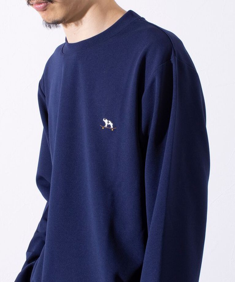 GLOSTER「【GLOSTER/グロスター】フレンチブルドッグ刺繍 カットジョーゼット長袖Tシャツ ワンポイント」|Tシャツ・カットソー|ネイビー