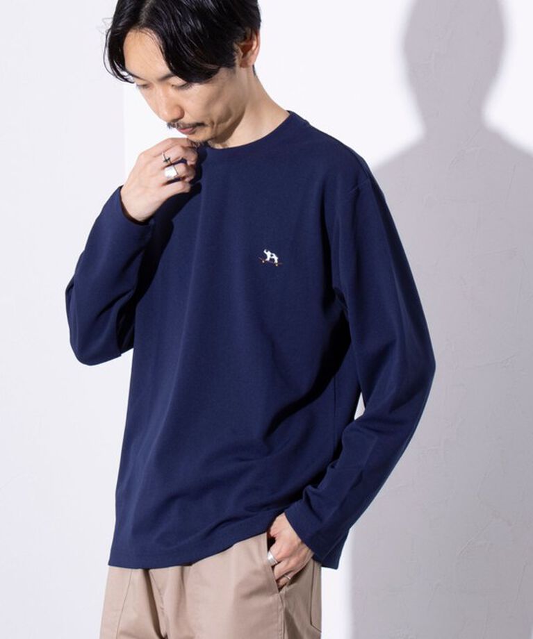 GLOSTER「【GLOSTER/グロスター】フレンチブルドッグ刺繍 カットジョーゼット長袖Tシャツ ワンポイント」|Tシャツ・カットソー|